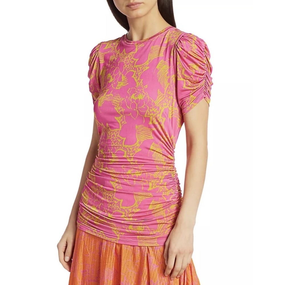 Tanya Taylor Women Top Medium Pink Floral Chaia Ruched Short Sleeve Jersey